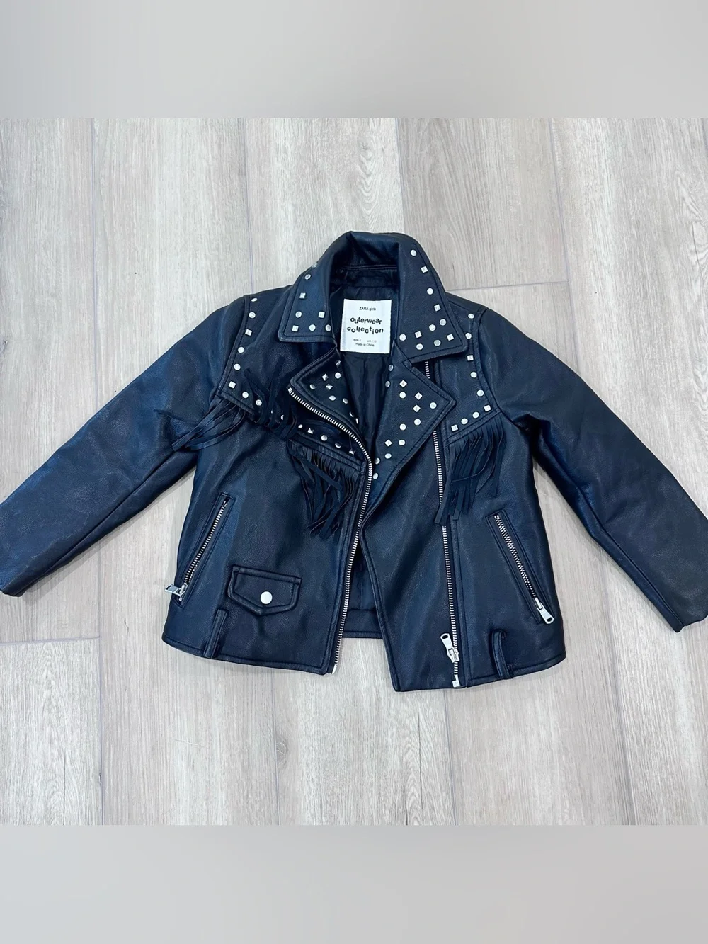 Zara outwear moto biker faux leather studded fringe jacket girls size 6 black